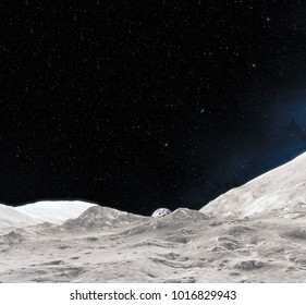 Moon surface. Realistic 3d render of moon and space. Space and planet. Satellite. Nebula. Stars. Elements of this image furnished by NASA. - Shutterstock ID 1016829943