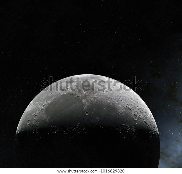 Moon surface. Realistic 3d render of moon and
space. Space and planet. Satellite. Nebula. Stars. Elements of this
image furnished by NASA.