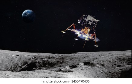 Moon surface with space craft. Planet Earth on the background. Apollo space program. Elements of this image furnished by NASA.