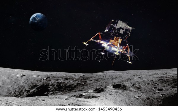 Moon surface with space craft. Planet Earth on the\
background. Apollo space program. Elements of this image furnished\
by NASA.