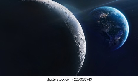 Moon surface view from outer space. Earth planet at night. America continent on Earth. Moonlight in dark deep space. Elements of this image furnished by NASA