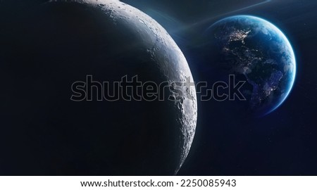 Moon surface view from outer space. Earth planet at night. America continent on Earth. Moonlight in dark deep space. Elements of this image furnished by NASA