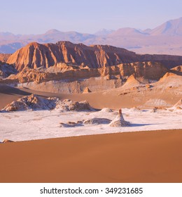 Moon Valley In Atacama Desert At Sunset Time, Chile.