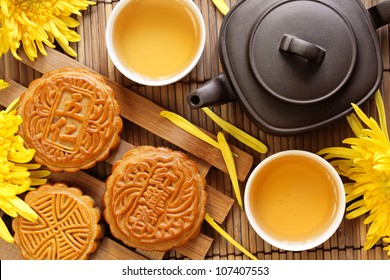 Mooncake And Tea,Chinese Mid Autumn Festival Food.