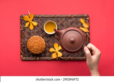 Mooncake And Tea,Chinese Mid Autumn Festival Food. Angle View From Above