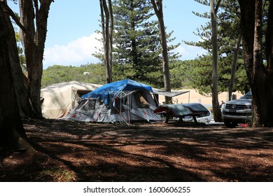 Moonee, NSW / Australia - Dec 27th 2019 - Tents Camping At A Small Bush Area Near Moonee Beach