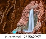 Mooney Falls as viewed from the Second Cave Exit Within the Cliff, Havasupai Indian Reservation, Grand Canyon, Arizona
