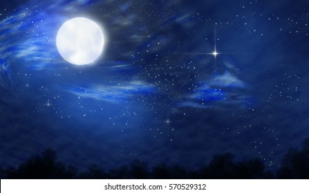 Moonlight landscape. Starry night. Twilight.