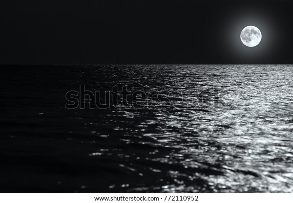 moonlight on the waves at night in the sea on long\
exposures. black and white\
photo.