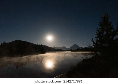 Moonlit Lake with Mountain Silhouettes at Night - Powered by Shutterstock