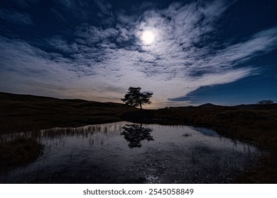 A Moonlit view of Kelly Hall Tarn in the English Lake District - Powered by Shutterstock