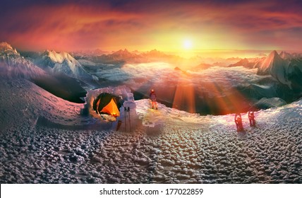 Moonrise in the high mountains like Himalayas, fantasy and fairy-tale romantic traveler, even a dangerous night on the open height - not a hindrance for the photographer who loved the original photo. 