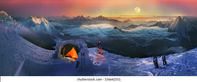 Moonrise, moonset in the high mountains like the Himalayas, fantasy  even a dangerous night on the open height - not a hindrance for the photographer who loved the original photo. Carpathians, Ukraine