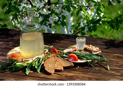 Moonshine In The Decanter, Snack, Alcoholic Drink Hrenovuha, Homemade Vodka, Spring, Cherry Color, Warm