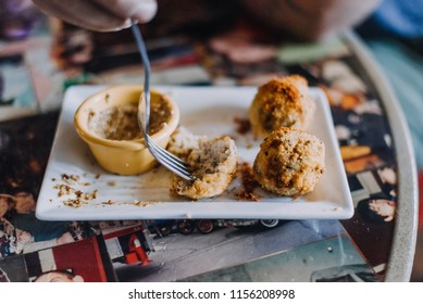 Mooresville, IN / USA - 08 10 2018: Cajun Appetizer. House Made Boudin Balls And Creole Mustard From Zydeco's Restaurant.