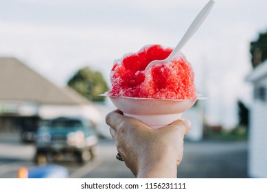 Mooresville, IN / USA - 08 08 2018: Person Holding A Red Slushie