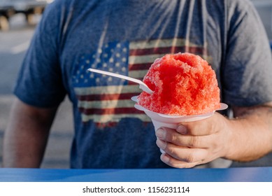 Mooresville, IN / USA - 08 08 2018: Person Holding A Red Slushie