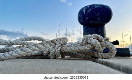 Mooring bollard with thick white rope. Boat berth place in the marina. Seascape in the evening. - Powered by Shutterstock