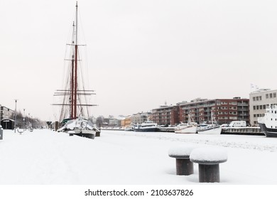 Mooring Bollards In Winter Port Of Turku, Finland