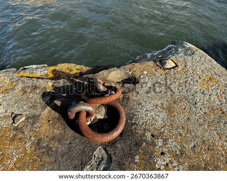 Mooring ring sometimes called a ring bolt or anchor ring. Very strong iron ring fixed into stone or concrete along the waterfront. Used for tying up boats, ships, or barges with ropes or chains.
