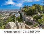 Moorish Castle  (Castelo dos Mouros), ruined ancient fortress. Magnificent panoramic view over the town of Sintra, Portugal.  Famous tourism destination