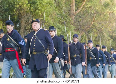 MOORPARK, CA - NOVEMBER 7: Soldiers march during a Civil War reenactment on November 7, 2009 in Moorpark, CA. The yearly reenactment honors the Americans who died during the Civil War.