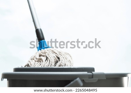 Mop on a plastic mop squeezer on blue background