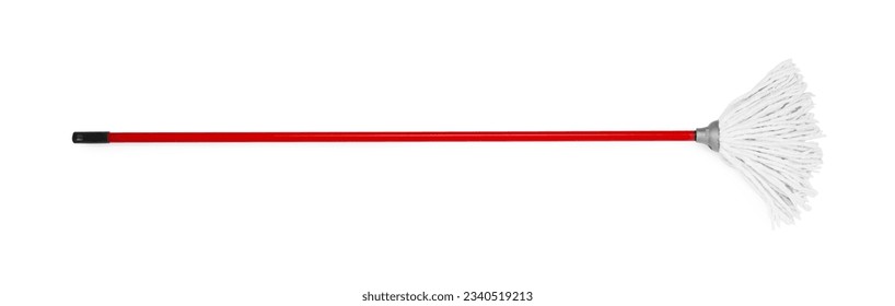 Mop with plastic handle isolated on white, top view