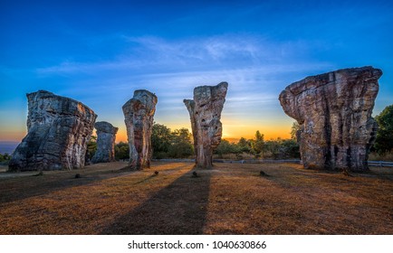 MOR HIN KHAOW, Chaiyaphum while sunrise or the Stonehenge of Thailand and unseen in Thailand. Due to the accumulation of silt and clay from water become rocks,this is amazing Thailand and environment.
