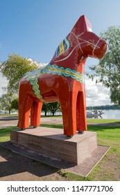 Mora, Sweden - July 2017: The worlds lagest wooden Dalecarlian horse built 2011.