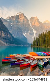 Moraine Lake Alberta Banff Canada Canoes