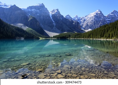 The Moraine Lake in Banff National Park, Alberta, Canada on a mid-summer morning