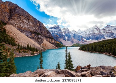 Moraine lake. Banff Park. The picturesque valley of the Ten Peaks surrounds the magnificent Moraine Pond. The most beautiful mountain lake - Powered by Shutterstock