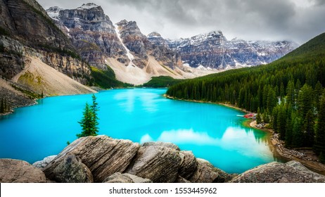 Moraine Lake in a cloudy morning, Banff national park, Canada - Shutterstock ID 1553445962
