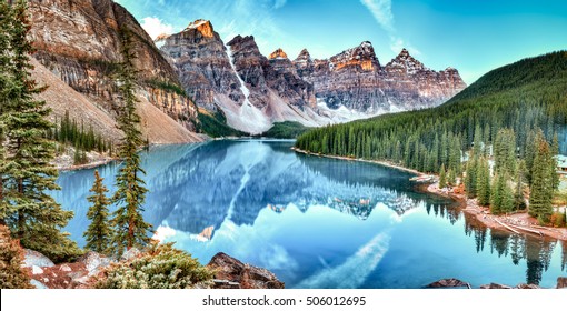 Moraine lake panorama in Banff National Park, Alberta, Canada - Shutterstock ID 506012695