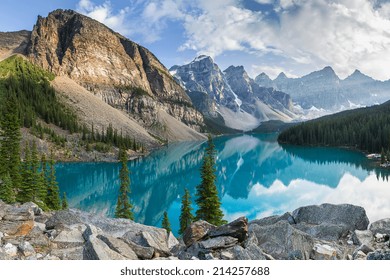 Moraine lake with the rocky mountains panorama in the banff canada - Shutterstock ID 214257688
