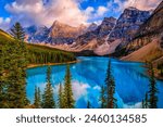 Moraine Lake with snow-capped peak in Banff National Park, Canada