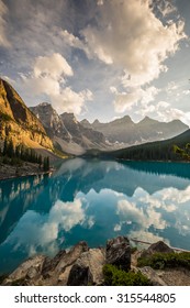 Moraine Lake At Sunset In Banff National Park, Canada.