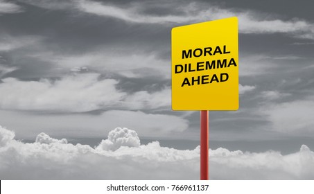 Moral Dilemma Ahead Signage On A Stormy Clouds Concept.