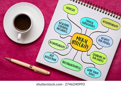Moral integrity - a commitment to uphold ethical principles and values, even in challenging situations, mind map infographics sketch.