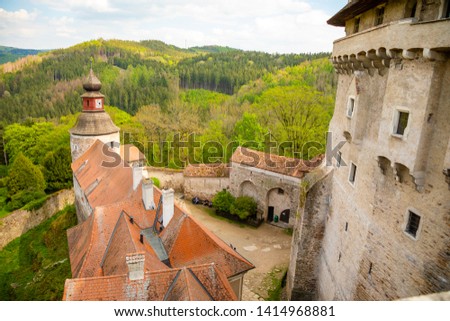 Moravian castle Pernstejn, standing on a hill above deep forests of the Bohemian-Moravian Highlands in Czech Republic, Europe