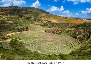 Moray Inca terraces, a popular archeological site in Sacred Valley, Cusco, Peru