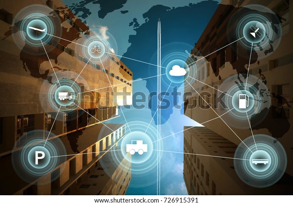 Morden city and smart transportation and intelligent\
communication network of things ,wireless connection technologies\
for business .