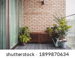 Morden residential balcony garden with bricks wall, wooden bench and plants.