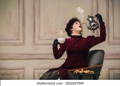 More coffee, please. Modern trendy look of Portrait of an Unknown Woman. Retro style, comparison of eras concept. Beautiful caucasian female model like classic art character, old-fashioned. - Powered by Shutterstock