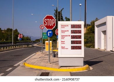 Moreas Motorway-A7, GREECE - May 22, 2022: Prices sign at Shell petrol station in Moreas Motorway to ATHENS direction, Peloponnese, GREECE. Horizontal.