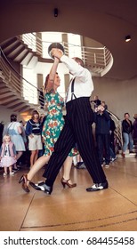 morecambe, england, 05/05/2017, A man and woman dancing to 1940s retro vintage world war two swing music,  at the vintage weekend in morecambe midland hotel. 