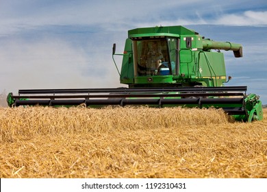 Moree, Australia - November 22, 2010: A Combine Harvester Harvests Wheat On A Large Grain Farm In Moree. This Is A Major Agricultural Area In New South Wales, Australia.