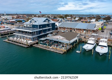 Morehead City North Carolina - February 3 2022: Aerial View Of People Dining Outside Along The Waterfront In Morehead City North Carolina