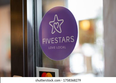 Moreno Valley, California/United States - 06/17/2020: A View Of A Fivestars Rewards App Sticker Advertised On The Front Door Of A Local Restaurant.